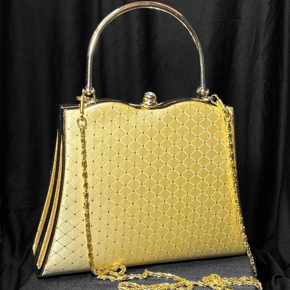 Joymax Vintage Gold Jewel Embellished with Rhinestone Kiss Clasp Purse Hand Bag - Picture 1 of 12